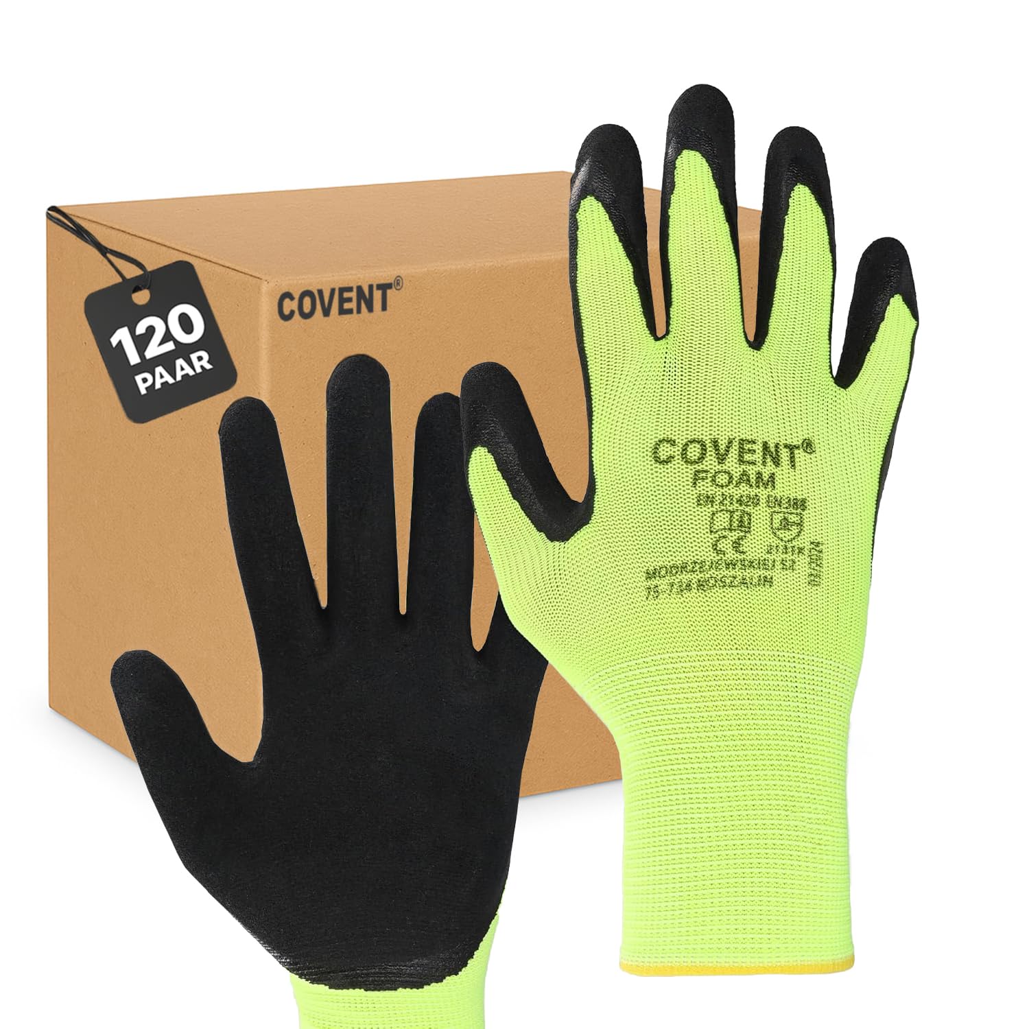 Covent FOAM Guantes de trabajo para hombre, talla 10, juego de 120 unidades, guantes de montaje, categoría II, EN388, guantes de construcción para constructores, mecánicos y montadores
