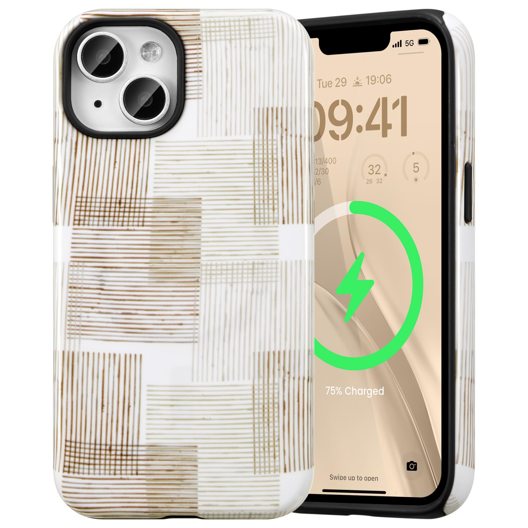 Coque iPhone 15 MagSafe magnétique élégante motif patchwork marron - 7