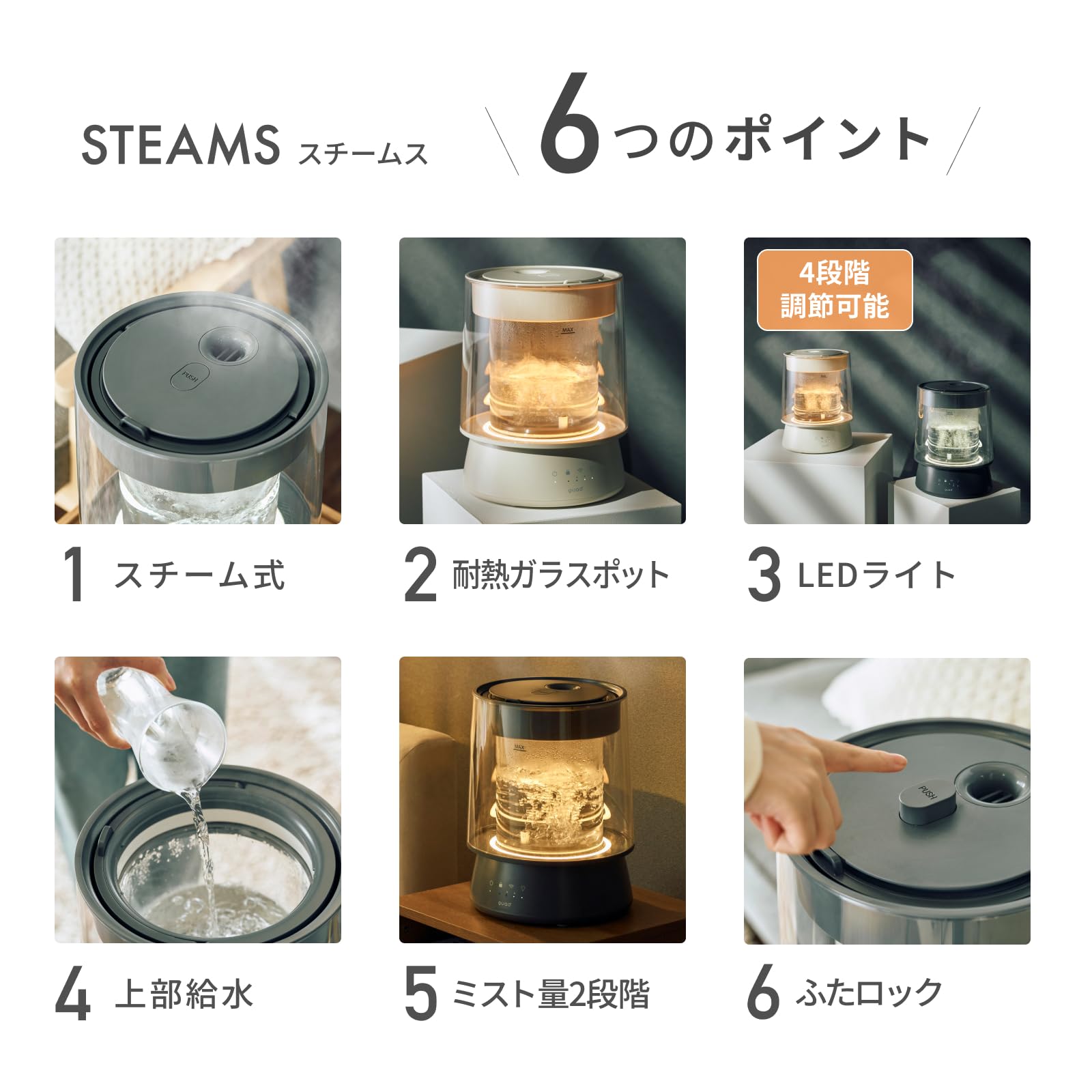 Amazon.co.jp: QUADS(クワッズ) ガラススチーム加湿器 蒸気式 17畳対応