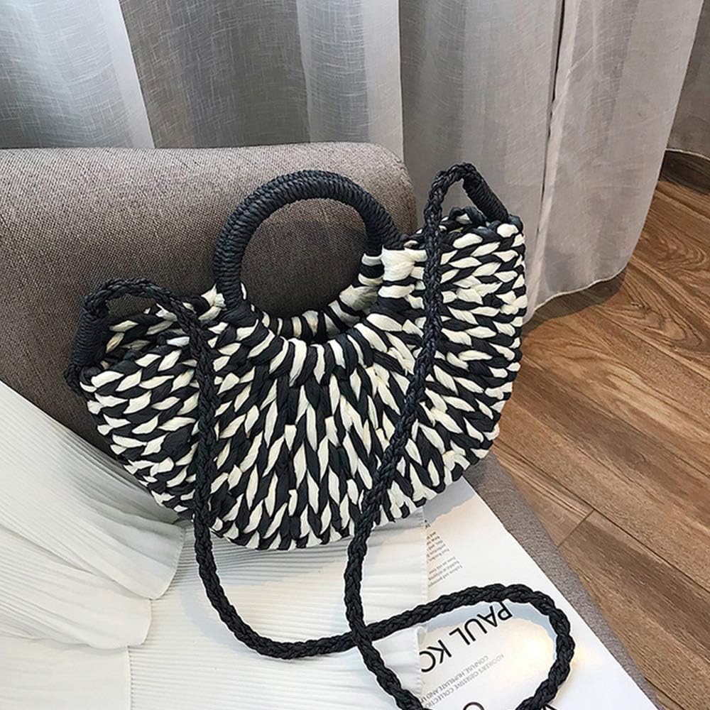 Women Summer Retro Straw Tote Bag Hand-woven Boho Shoulder Bag Crossbody Bag Round Handle Beach Handbags (Black) - Image 2