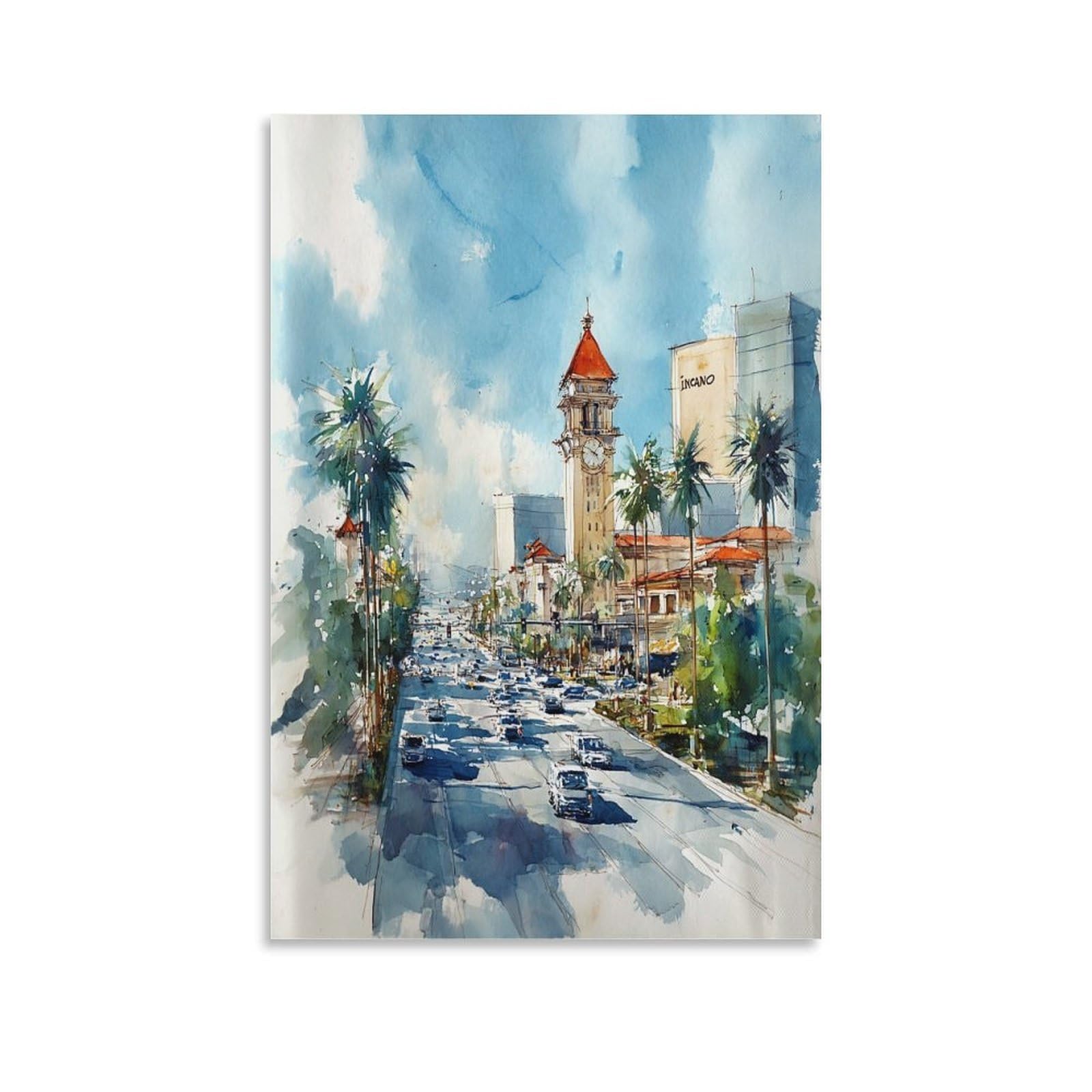 XWYMXZ Las Vegas Watercolor Street 20x30inch(50x75cm) Vintage Travel Poster Watercolor Canvas Art