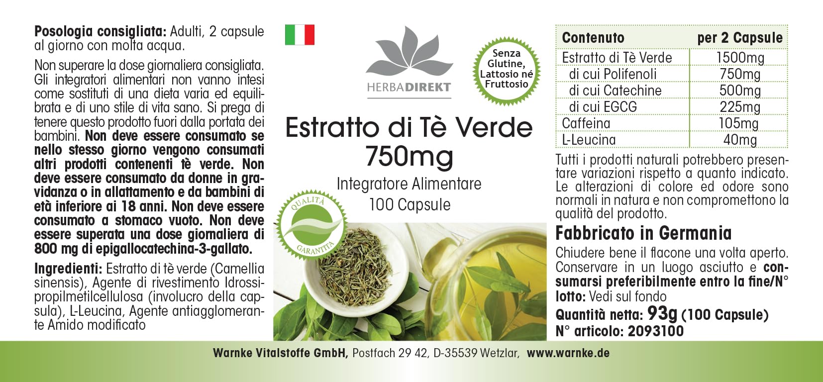 Estratto di tè verde 750 mg capsule - 100 capsule - polifenoli - catechine - EGCG - caffeina - ad alto dosaggio - vegano | HERBADIREKT by Warnke Vitalstoffe - Qualità farmaceutica tedesca