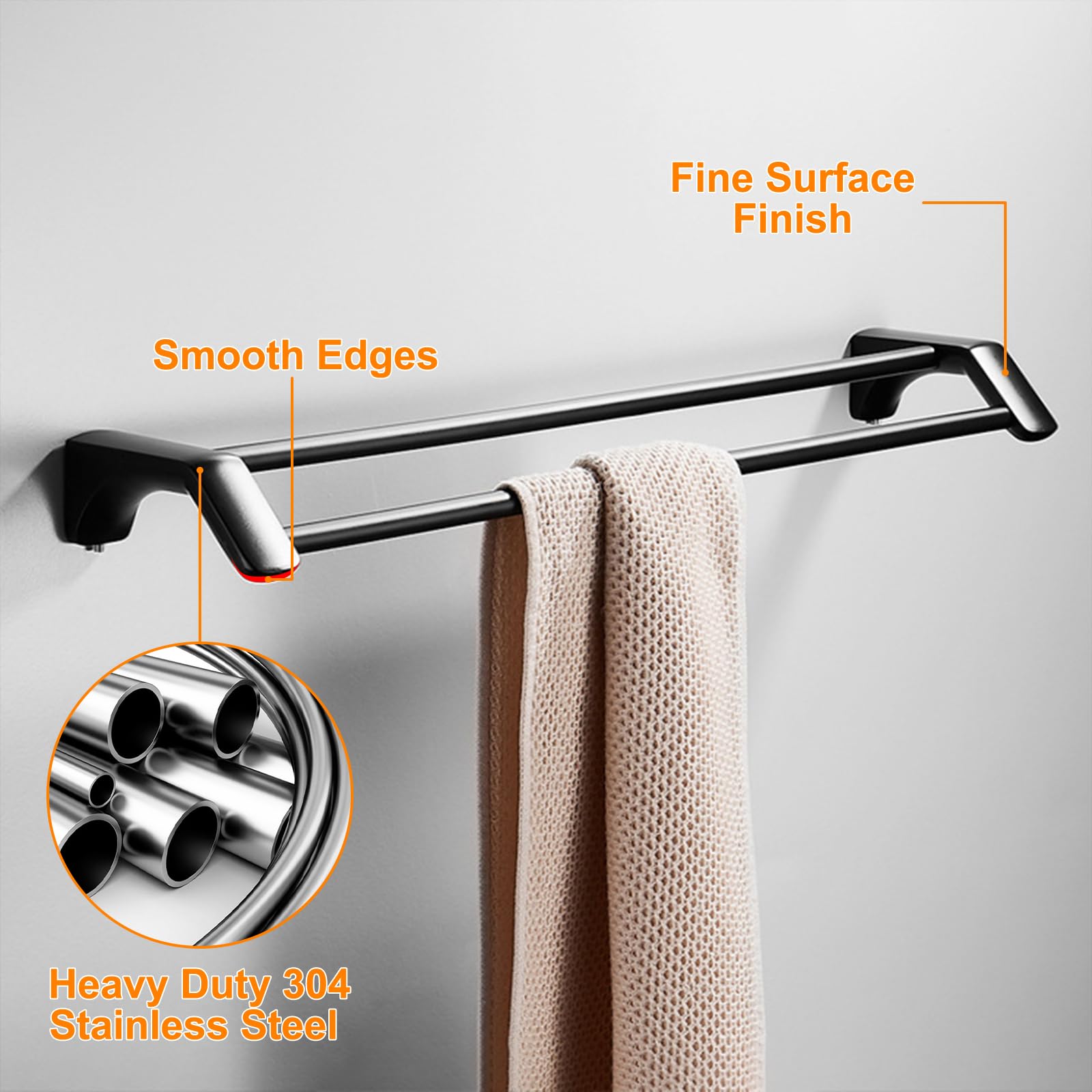 Double Barre Porte-Serviettes de Bain 60CM Porte Serviette à Deux Bras en Acier Inoxydable Porte-Serviettes Mural Range Serviettes pour Salle de Bain ou Cuisine (Noir)