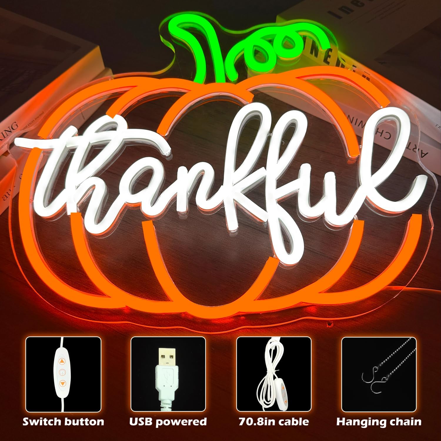 Thankful Pumpkin Neon Sign Thanksgiving Led Sign Fall Neon Light Sign for Bedroom Party Halloween Autumn Decor Present - Image 3
