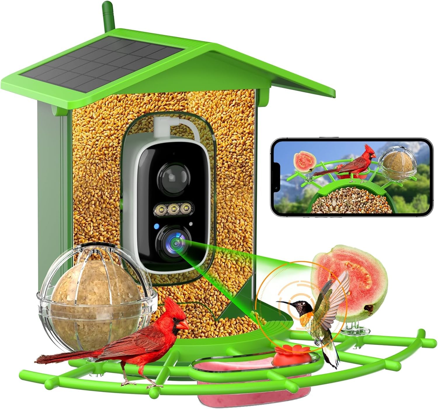 Vogelhaus mit Kamera, Vogelfutterhaus mit 4MP Kamera, Vogelfutterspender Hängend, Vogelfutterstation mit Video/Fotoaufnahme, KI Identifizierung, Bewegungserkennung, Alarm, Nachtsicht