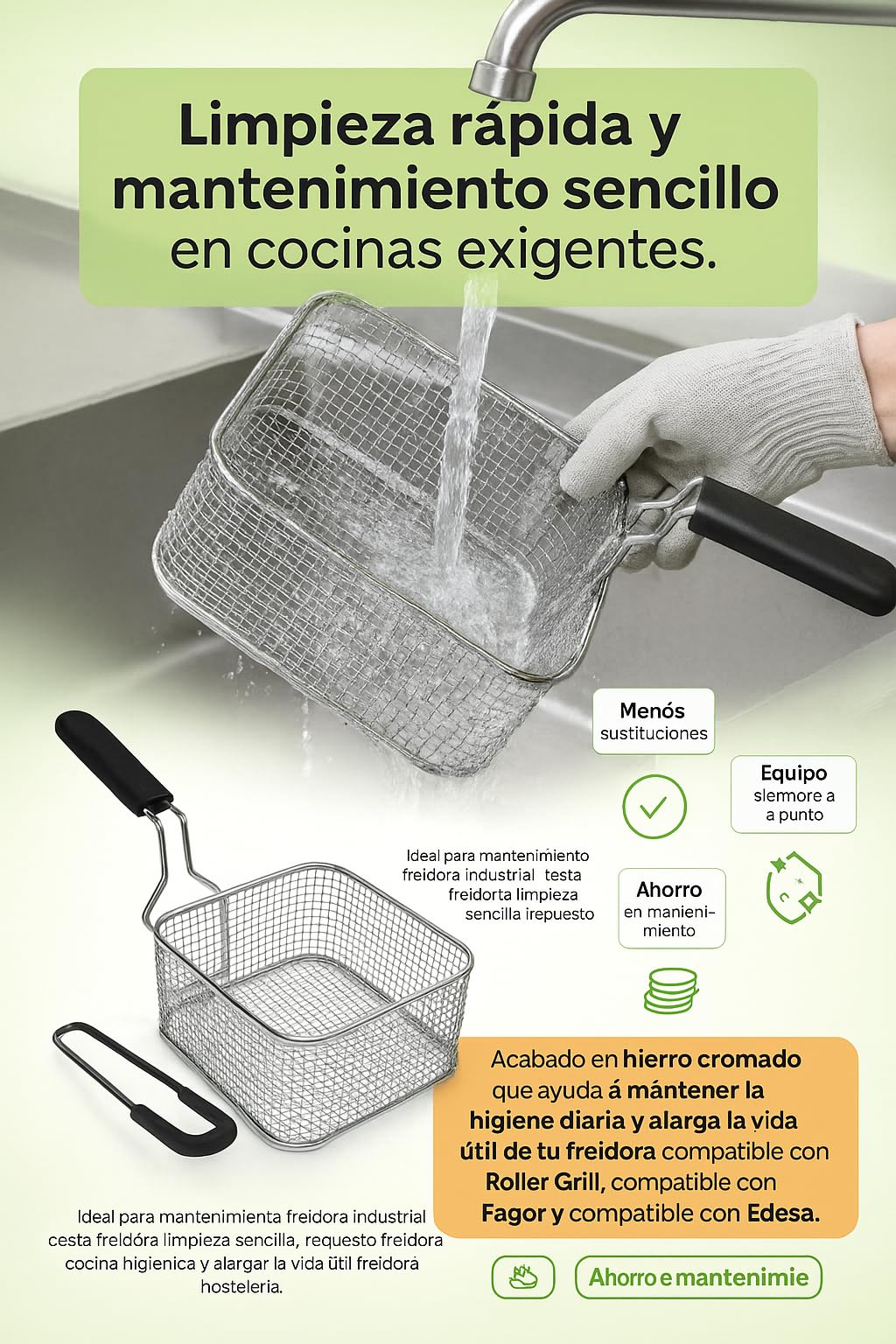CubetasGastronorm ® cesta freidora 220x250x105mm hierro cromado repuesto profesional freidora industrial compatible con Roller Grill Fagor Edesa modelo FE-6 referencia 693017 repuesto cocina pro