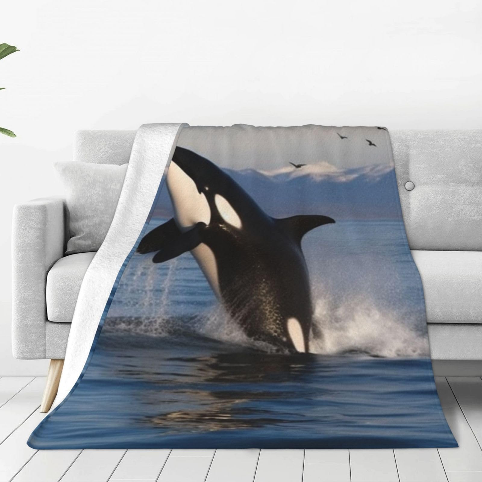 Killer Whale Throw Blanket 60"x50" Flannel Fluffy Warm Blanket for Couch, Reversible Plush Blankets for Bed, Comfy Fuzzy Blanket for Sofa, Plush Lightweight-Blankets for All Season