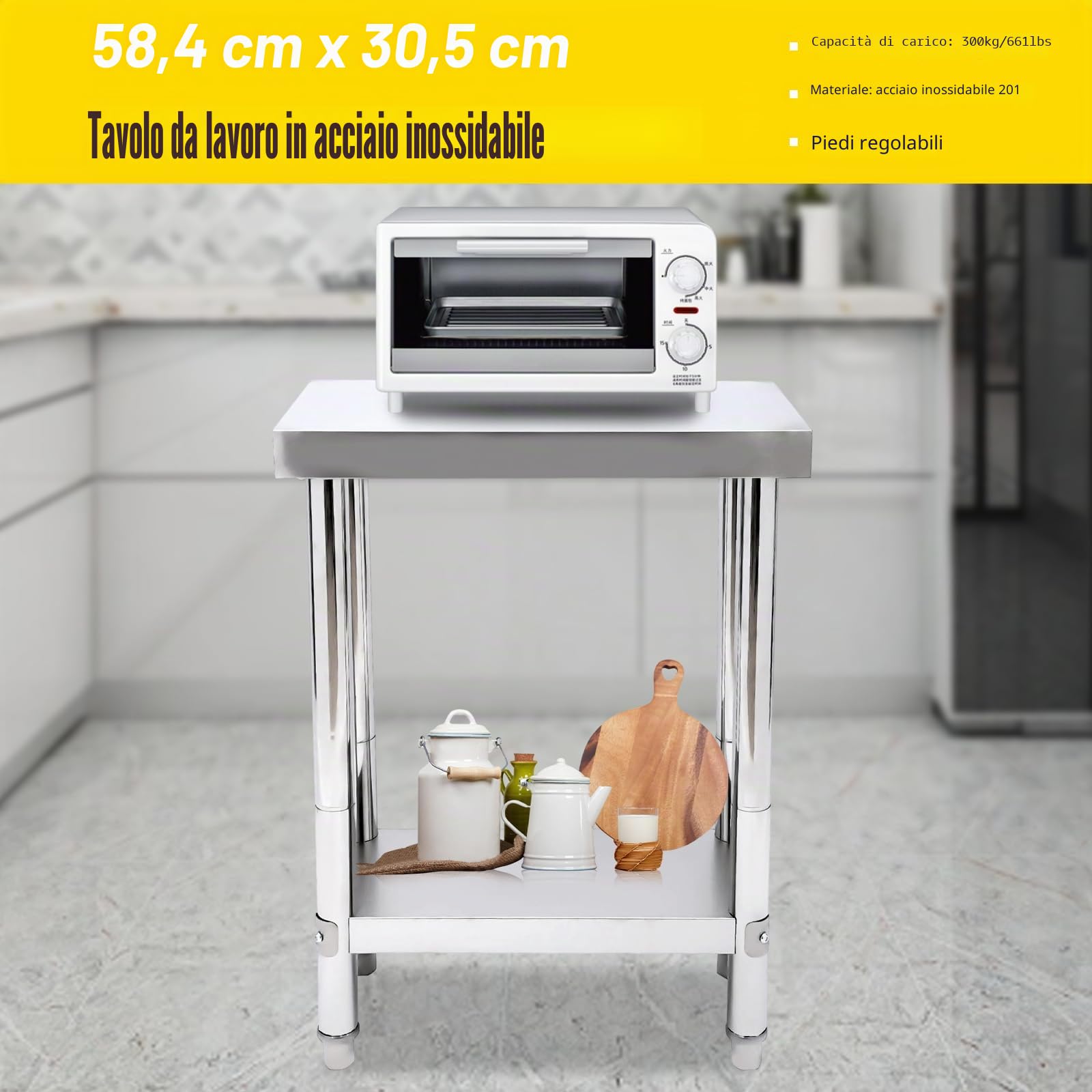 Tavolo da Lavoro in Acciaio Inox a 2 Livelli, Piano da Cucina Con Ripiano Regolabile in Altezza per Preparazione Alimenti (60 x 30 x 85)