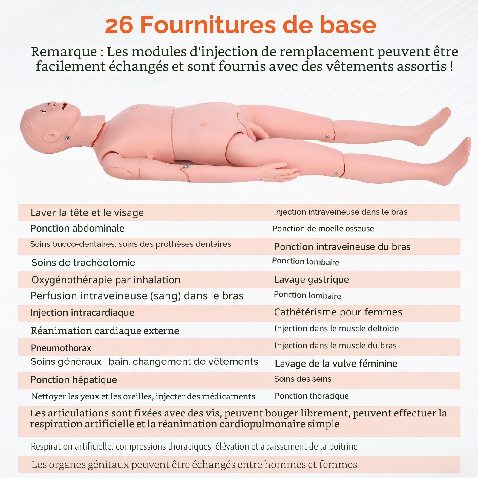 Mannequin de Soins Infirmiers Homme Femme - Mannequin de Soins aux Patients - 160 cm - Mannequin de Formation pour Infirmiers en PVC - 26 Compétences - Pour l'enseignement et l'éducation