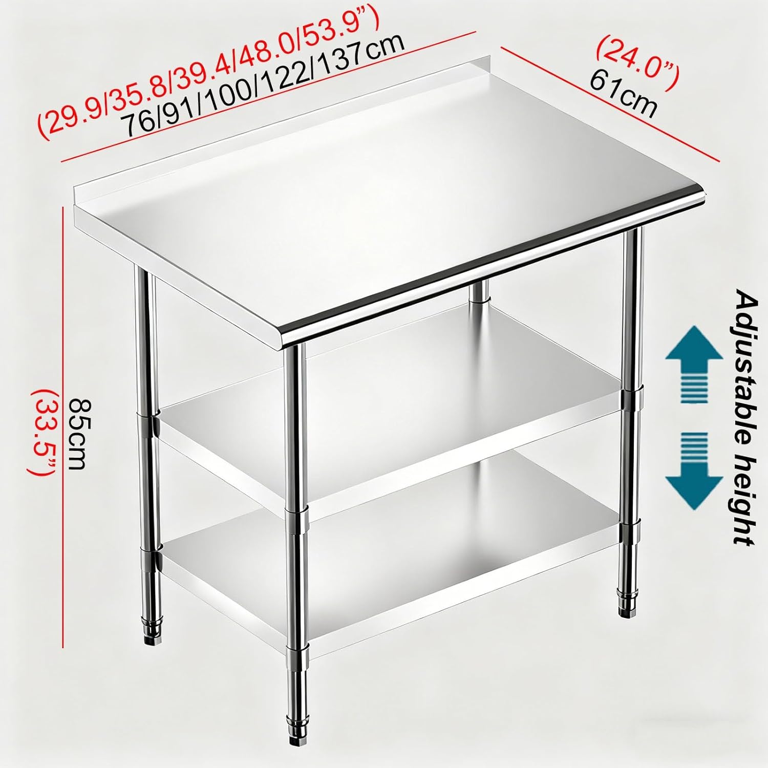 Adjustable Shelf Workbench with Back Panel Three-Tier Home Workstation Parcel Packing Table Worktable Metal Rounded-Corner Table Easy Assembly for Restaurants and Hotels(76x61x85cm/29.9x24.0x33.5”)