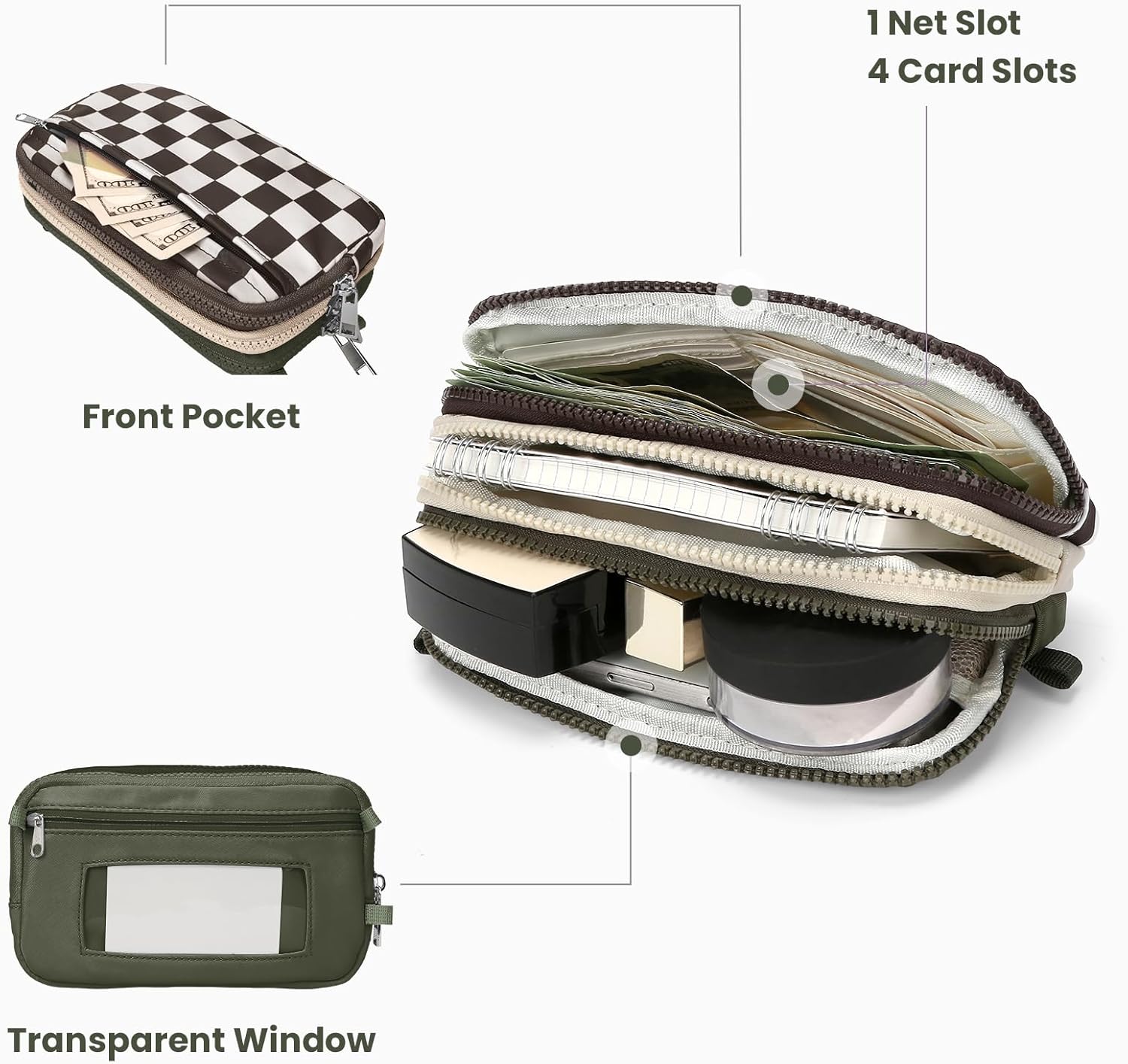 Checkered Wristlet Wallet for Women Tri-tone Cute Nylon Wristlet Purse with 5 zippers and ID Window Credit Card Holder - Image 3