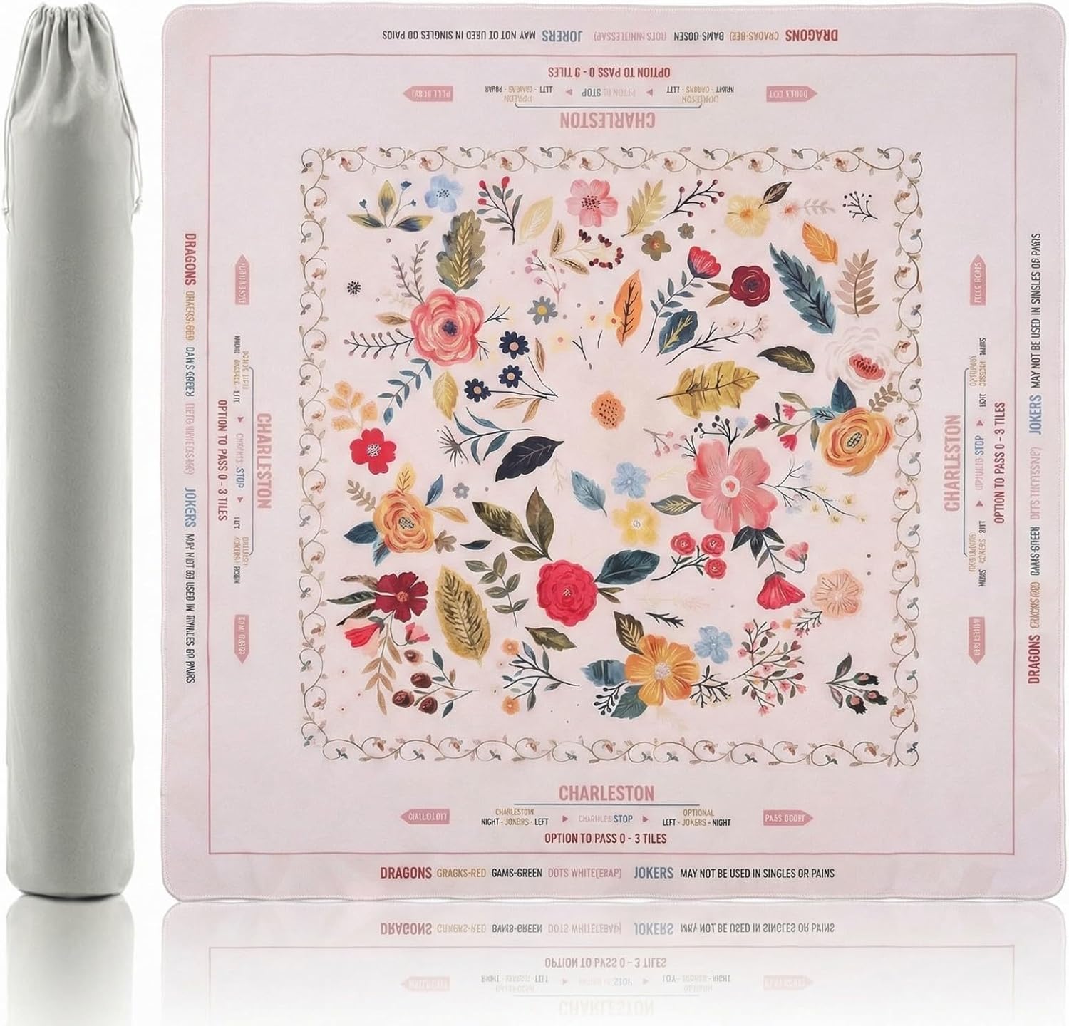 Pink Floral Mahjong Mat with Rules Printed(32.6"x32.6"), Non-Slip Waterproof Mahjong Mat for Table, Ideal for American Mahjong Players, Beginners & Family Fun
