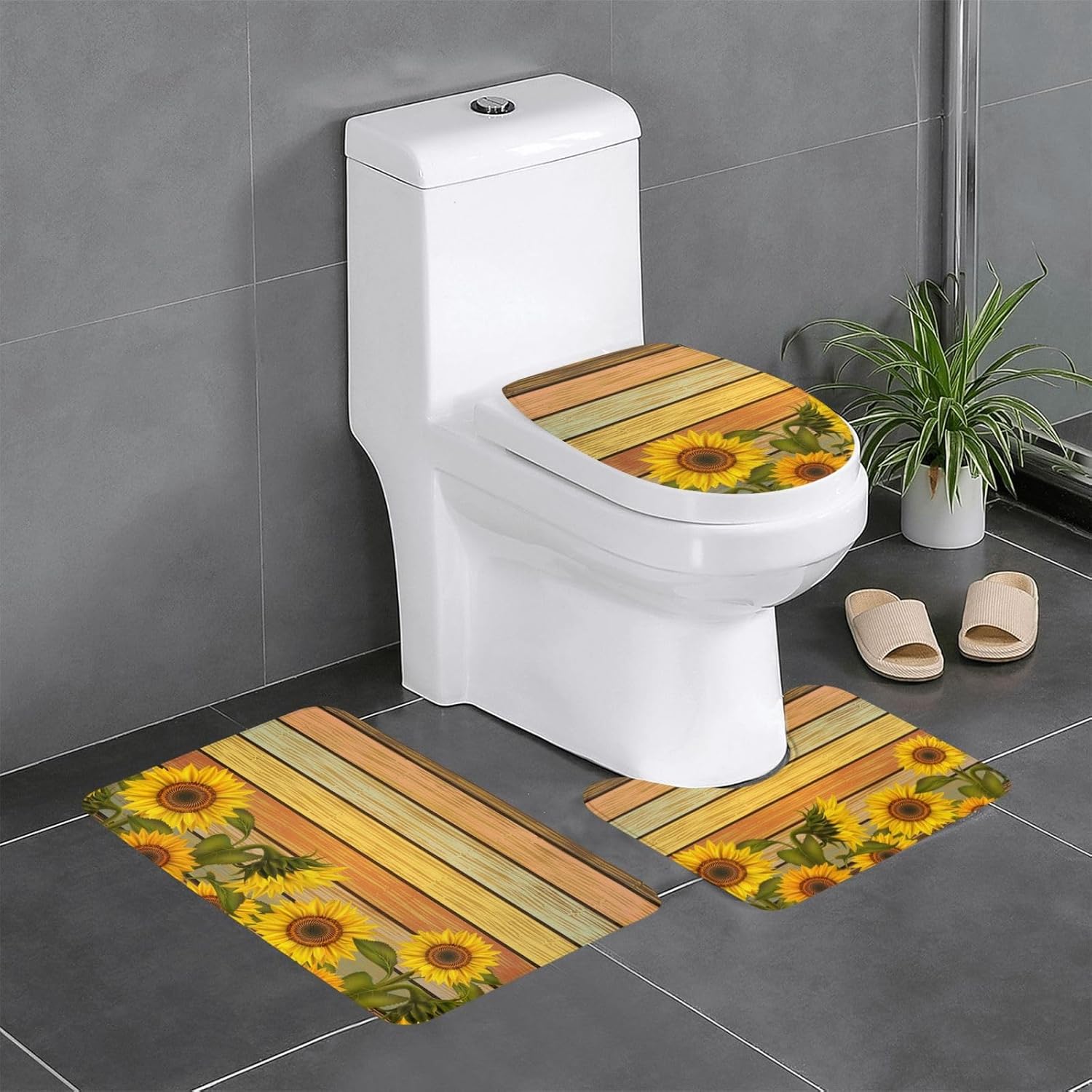 Yellow Sunflowers 3 Piece Bathroom Rug Set Varicolored Wooden Board Bath Mat Non Slip Summer Shower Rugs Extra Soft and Water Absorbent Floor Mats Toilet Contour Mat Lid Cover