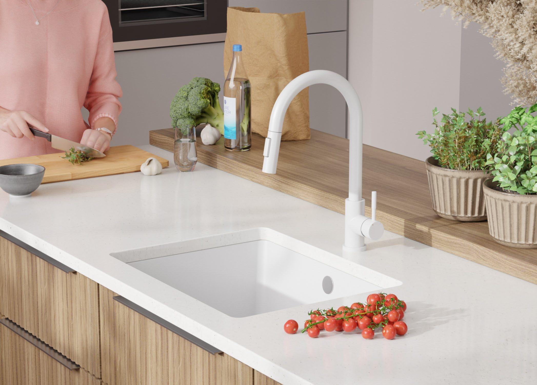 PRIMAGRAN Fregadero bajo Encimera Blanco 56x44cm, Cocina 1 Seno + Sifón, Granito al Mueble 60cm - Venecia Easy S062