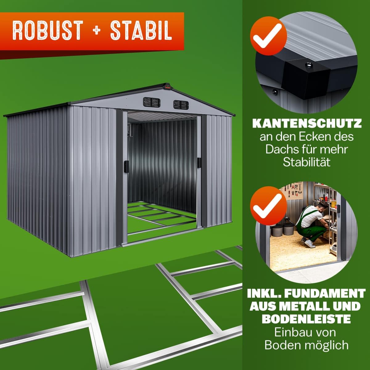 GARDEBRUK® Cobertizo de Jardín XXL Caseta Exterior 5m² con Base 260x205x180cm 9m³ Puerta Corrediza Gris Metálico