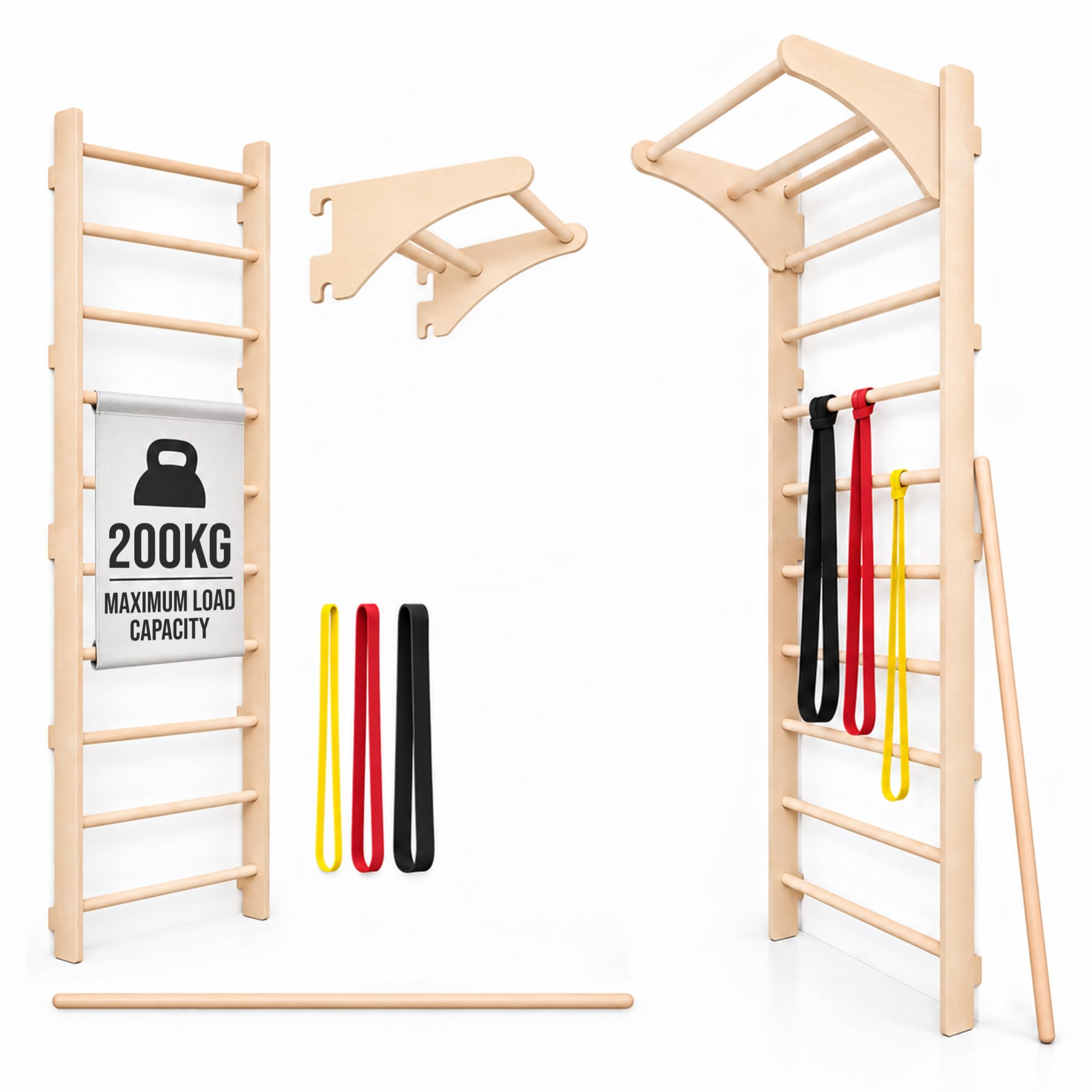 MAMOIยฎ Wall-Mounted Gymnastics Bar with Pull-Up Bar (230 cm), Wooden Training Ladder, Multi-Purpose Fitness Equipment, Wall-Mounted Gym Ladder for Adults & Kids, 100% ECO, Made in EU