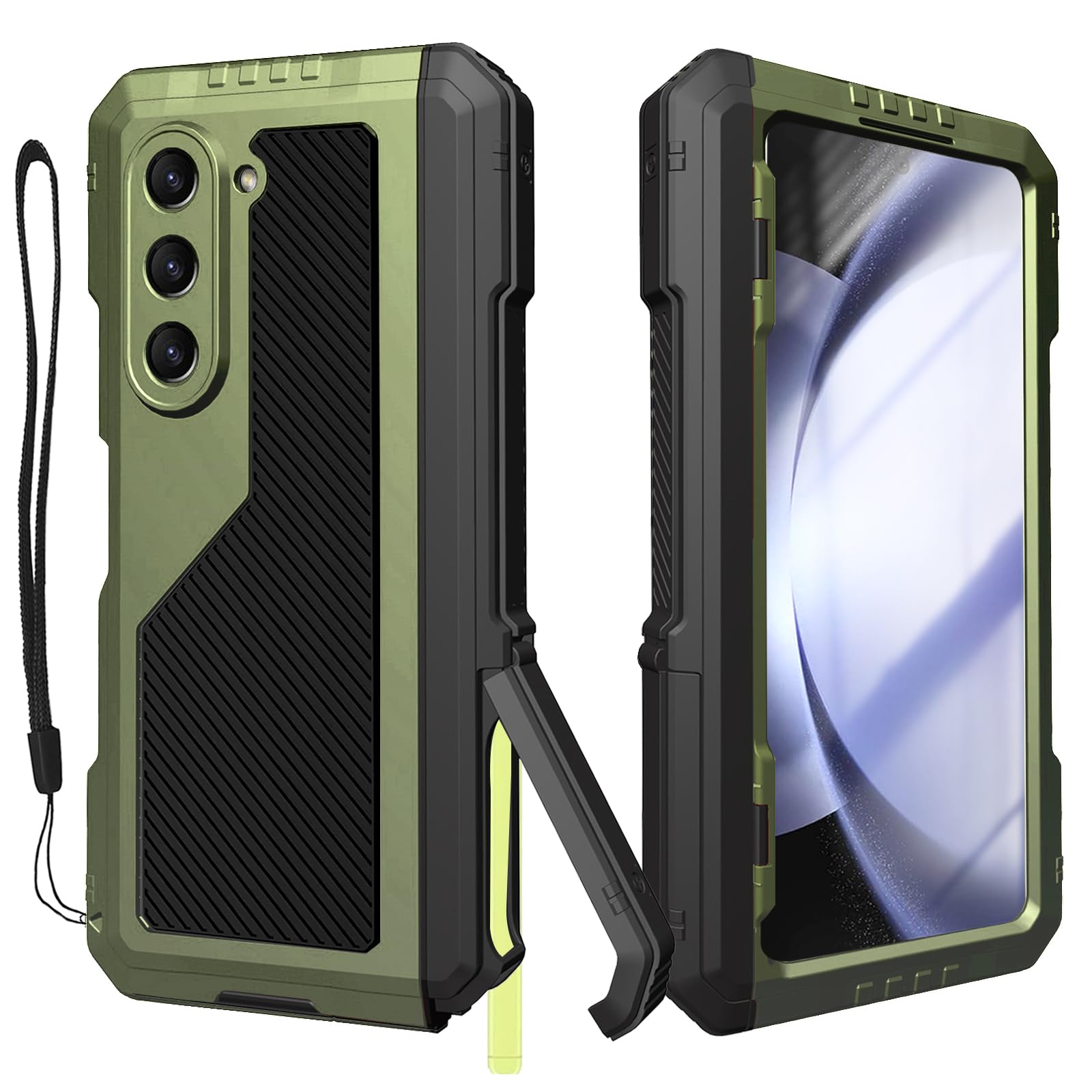 YQODSZ for Samsung Galaxy Z Fold 5 Metal Case with Slim S Pen Holder, Rugged Heavy Duty Z Fold 5 Case with Built-in Screen Protector, Kickstand,
