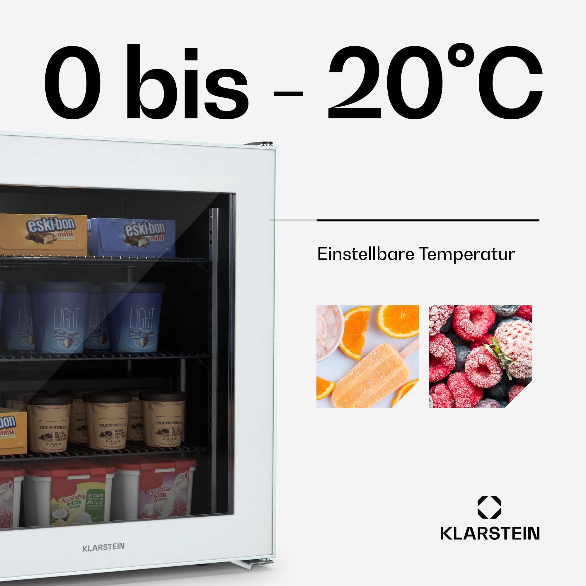 Klarstein IceAge 88 Mini Gefrierschrank, 88 L, Temperatur 0 bis -18 °C, LED-Innenbeleuchtung, 3 Einlegeböden, Energieeffizienz E, Kompakt & Sparsam, Kleine Gefriertruhe, Weiß