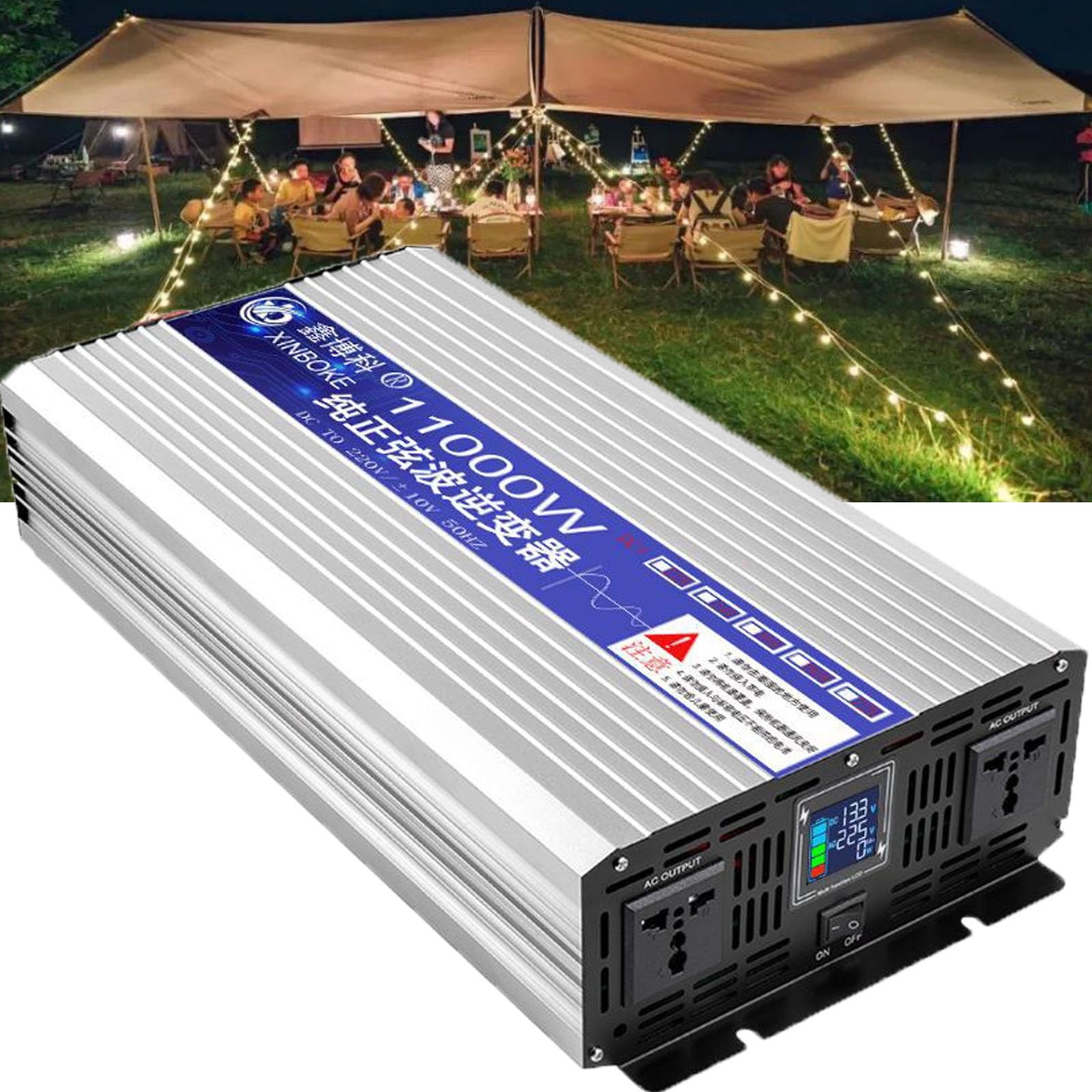 Nowy falownik sinusoidalny 3000W-11000W DC 12V/24V/48V do AC 110V 220V z wyświetlaczem LCD, z 2 gniazdami AC do samochodów ciężarowych i domowych(11000w,12Vto110V)
