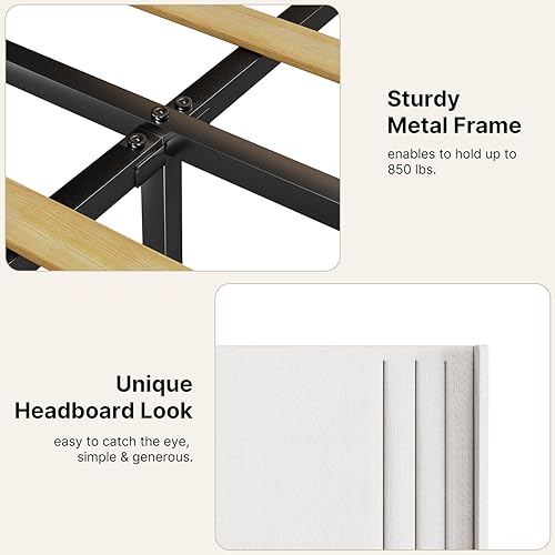 Miniatura 16 de Gizoon Base de cama Queen con cabecera de ala, plataforma tapizada con cabecera geométrica moderna, listones de madera, sin ruido, no necesita