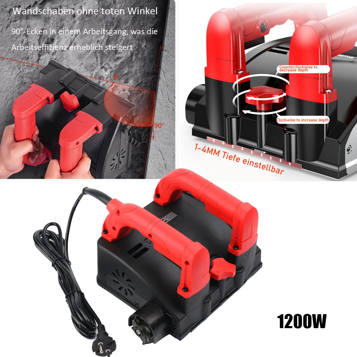 Fresa per calcestruzzo, 1200 W, fresa a rulli per la ristrutturazione, fresa elettrica da parete, professionale, per calcestruzzo, per la ristrutturazione, 4000 giri/min, 1-4 mm