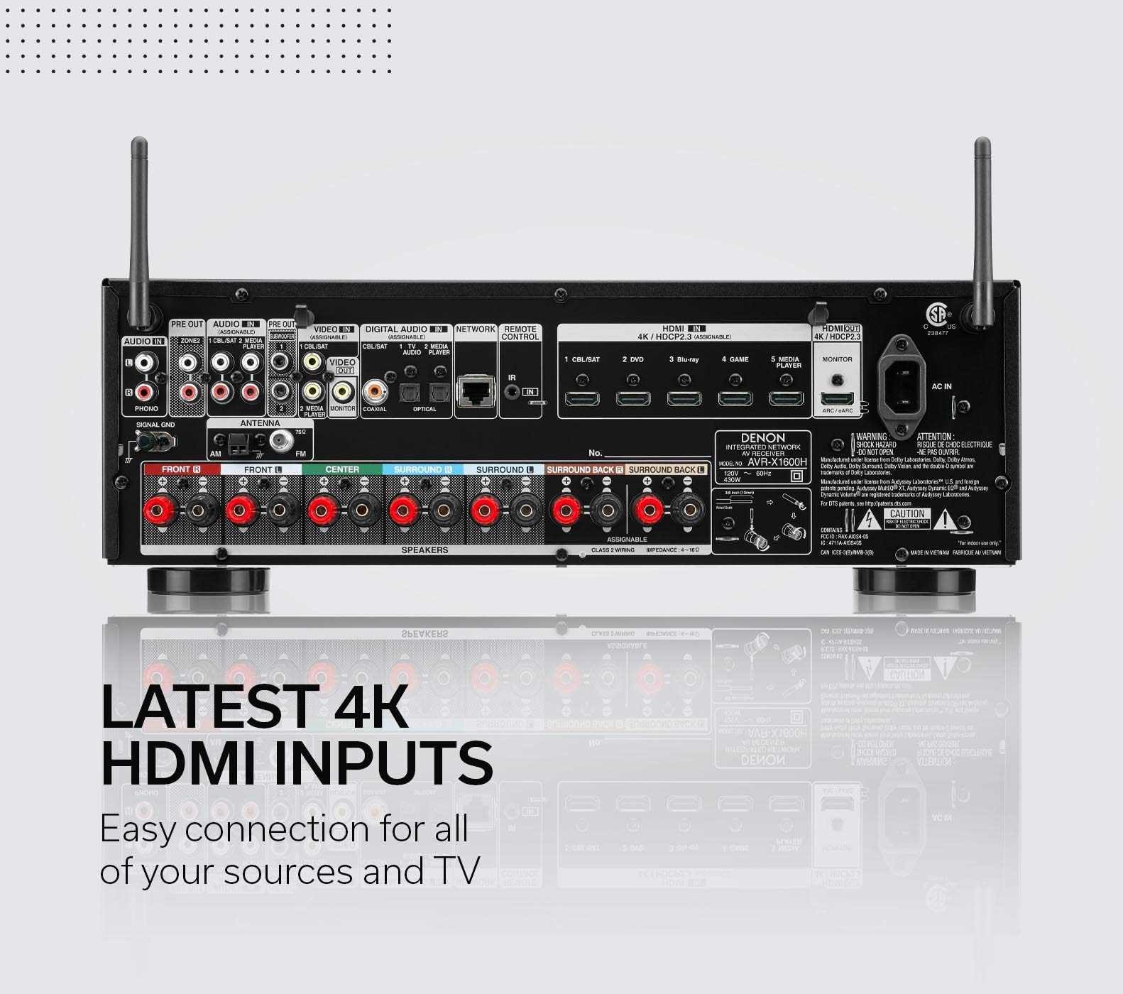 Denon AVRX1600H 4K UHD AV Receiver 2019 Model 7.2 Channel, 80W