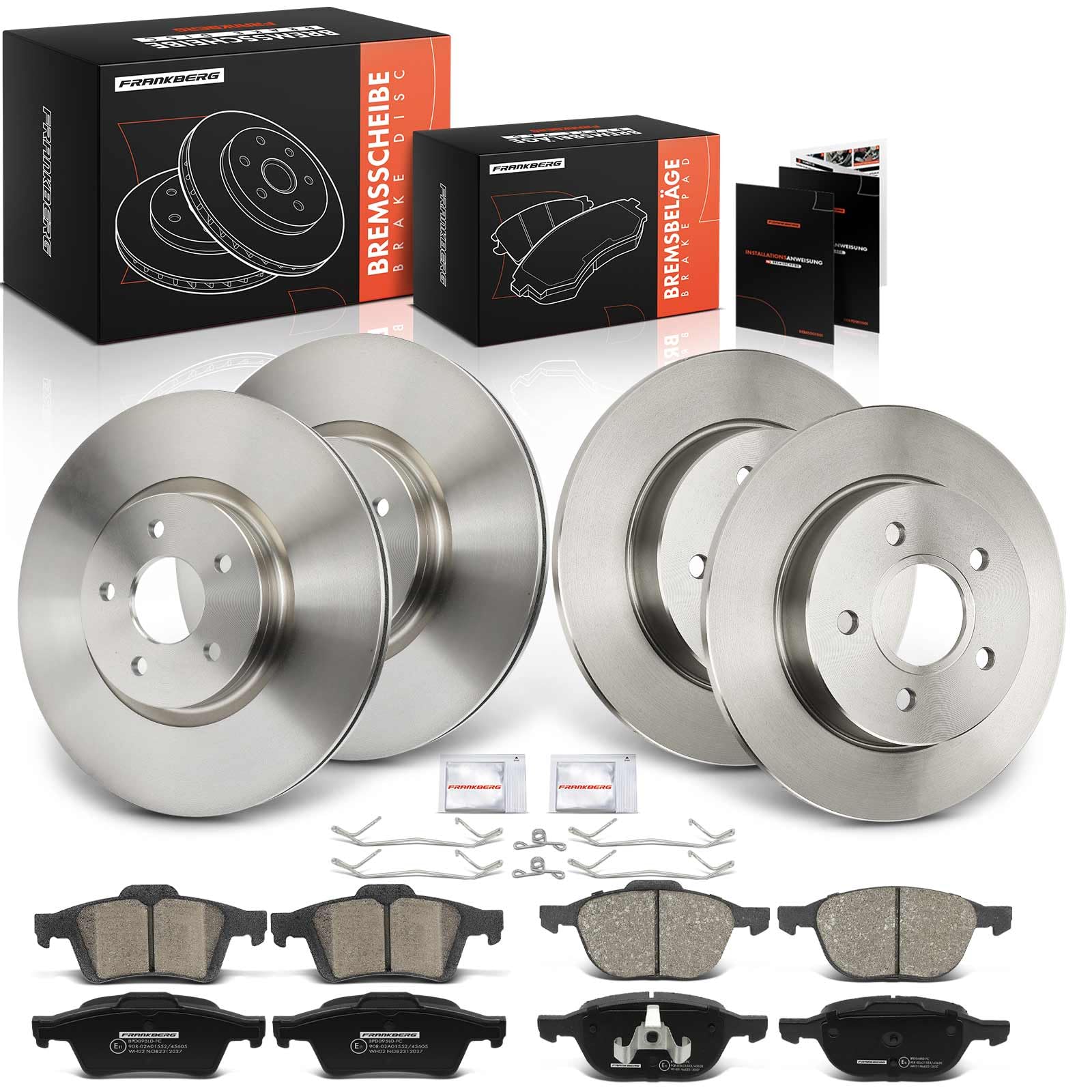 Frankberg 4x Bremsscheiben + 8x Bremsbeläge Vorne Hinten 1233679, 1360254 | Kompatibel mit Focus II Turnier DA DS FFS, Focus II Cabriolet, C-Max DM2, Focus II DA DP HCP, Focus II Stufenheck DB DH FCH