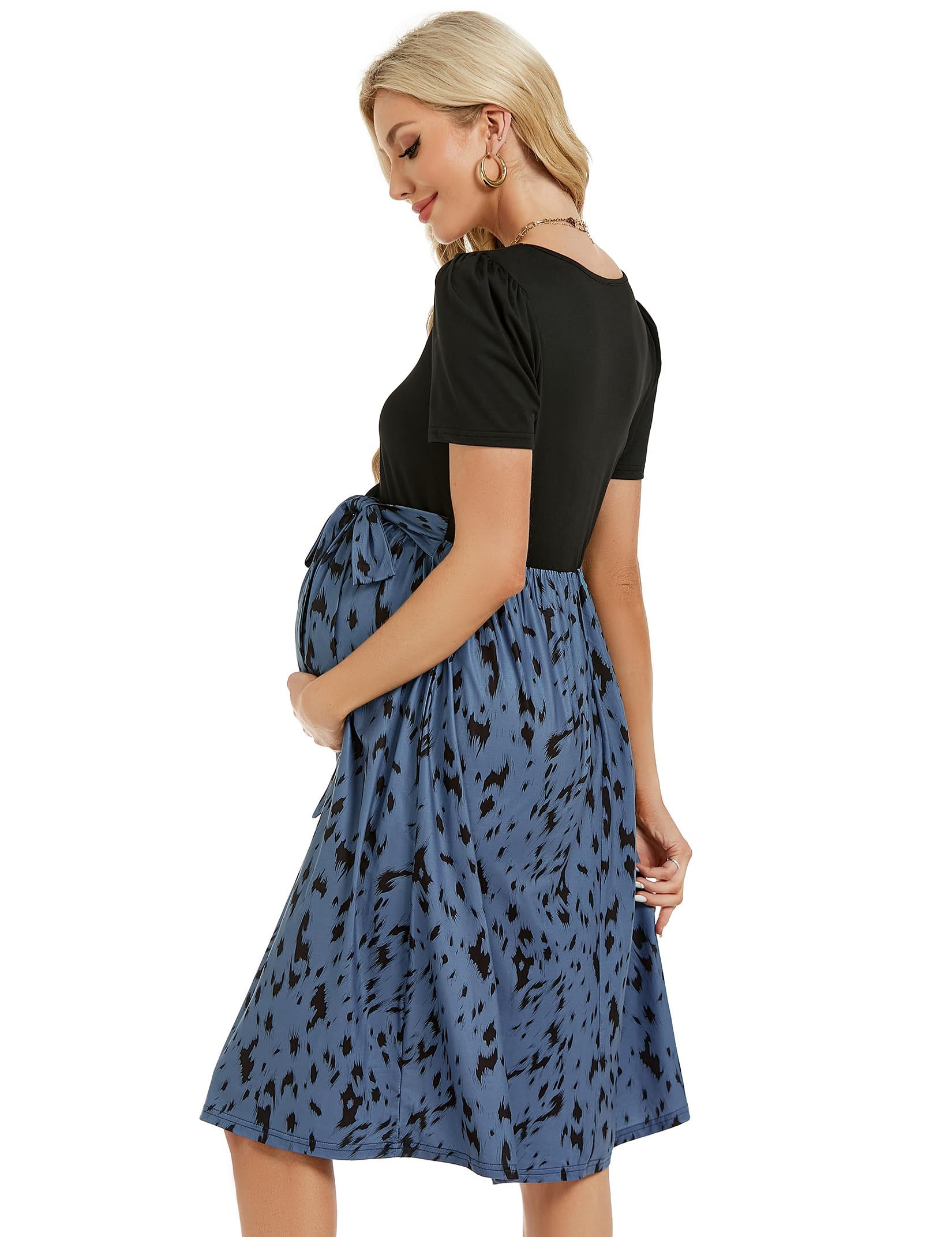 YesFashion Robe de grossesse d'été pour femme - Manches courtes - Taille haute - Col carré - Robe de grossesse décontractée avec ceinture (emballage réutilisable)
