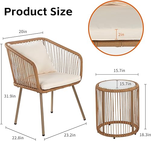 Miniatura 7 de BLKMTY Juego de muebles de mimbre para patio de 3 piezas, muebles de mimbre para todo tipo de clima, para porche, patio trasero, juego de