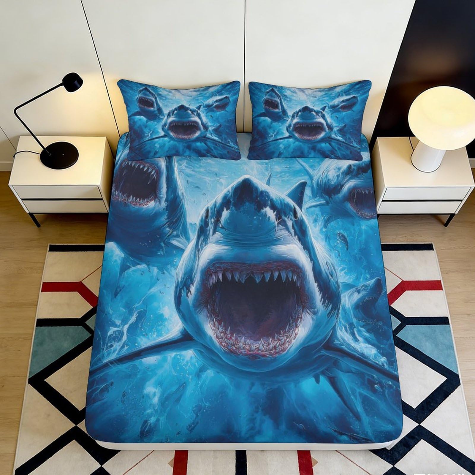 3D Printed Shark Pattern Fitted Sheet Microfiber Durable Soft Blue Underwater Bed Sheet Mattress Cover for Bedroom Dormitory Guest Room Mattress Protection 160x200x25cm
