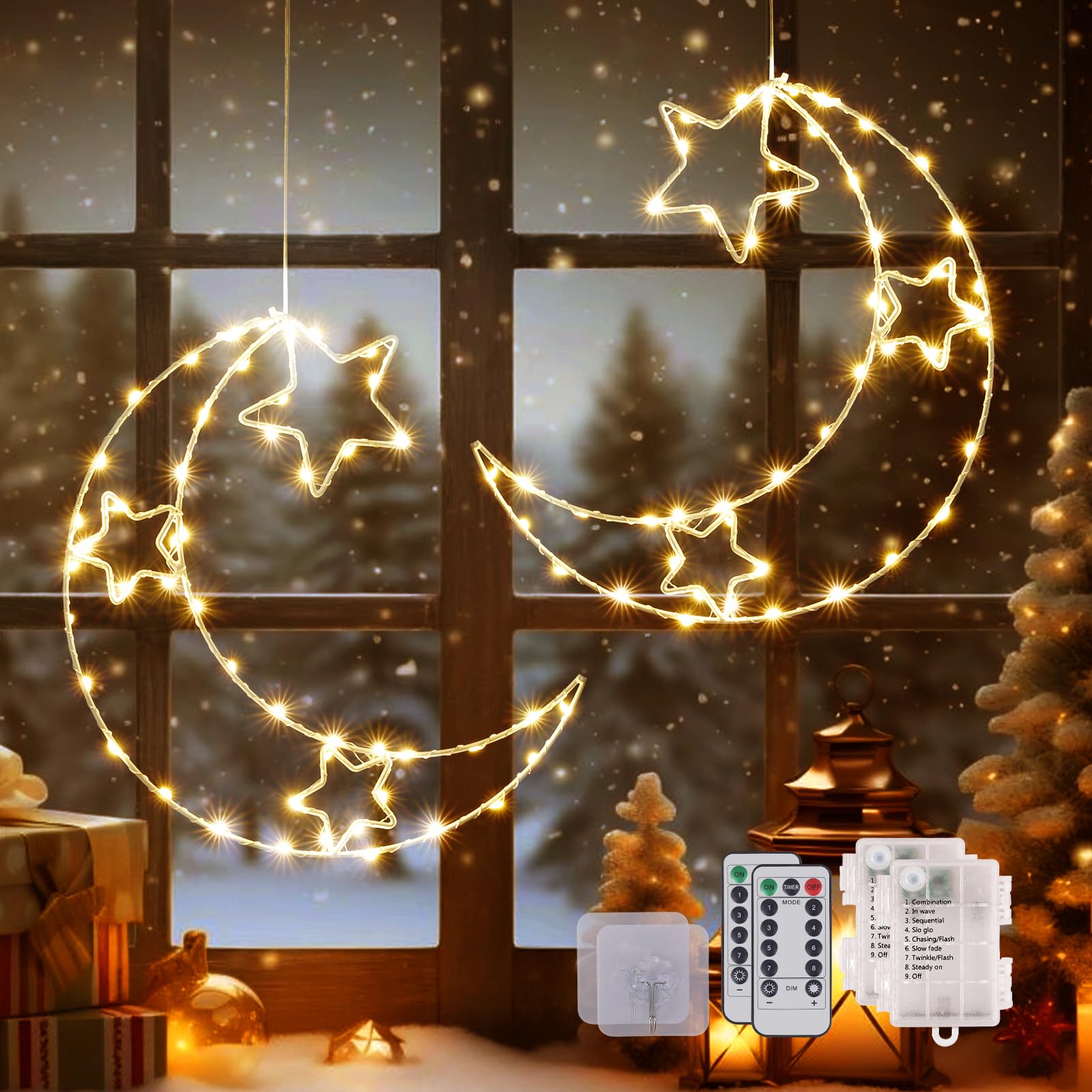 Christmas Window Lights Star Decorations: 2 Pack 120LED Christmas Star Lights with Timer - 8 Modes Battery Powered Xmas Window Lights for Indoor Outdoor Wedding Party Room Garden