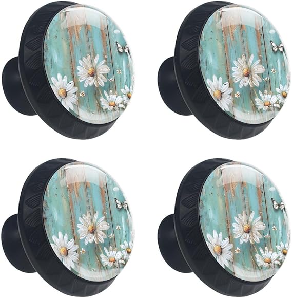 4 Pieces Drawer Knobs 35MM Daisy Butterfly on Rustic Wooden Kitchen Cabinet Knobs Black Drawer Pulls Dresser Knobs,Glass Knobs for Kitchen Cabinet Hardware Bathroom
