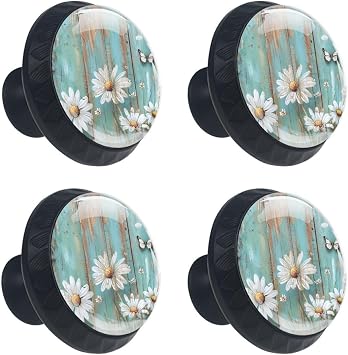 4 Pieces Drawer Knobs 35MM Daisy Butterfly on Rustic Wooden Kitchen Cabinet Knobs Black Drawer Pulls Dresser Knobs,Glass Knobs for Kitchen Cabinet Hardware Bathroom