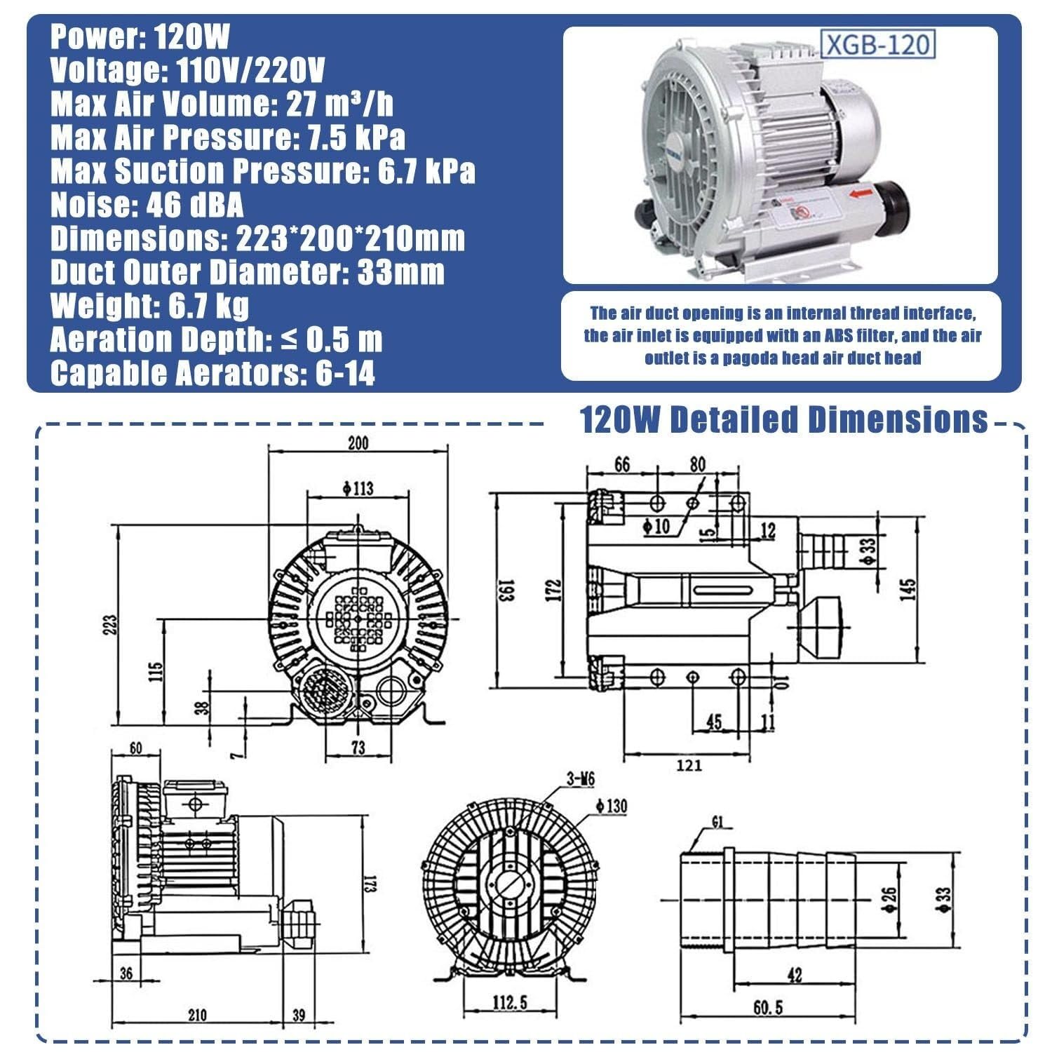 Soplador de anillo industrial Vortex 120W-7500W, soplador de aire renerativo de alta eficiencia para estanques y soluciones de tratamiento de agua, silencioso, diseño
