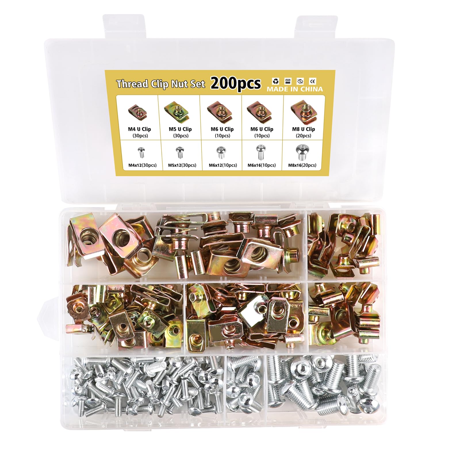 LALAGO 200 Stück Kfz Blechmuttern, M4 M5 M6 M8 Gewinde Clip Mutter Set | U-Typ Blechmuttern mit Schrauben Set, Schnappmutter Set, Kfz Schraube Mutter Clip Kit, Clipmuttern für Auto Motorrädern