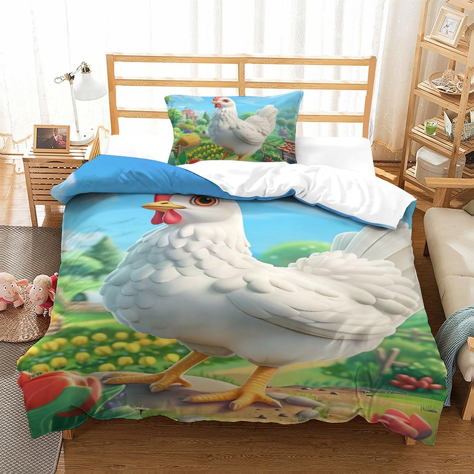 Housse de couette 3D Coq parure de lit garçon filles 135x200 microfibre taie d'oreiller single