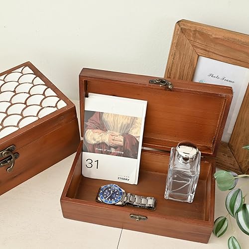 Miniatura 9 de Juego de 2 cajas de almacenamiento de madera con tapa de incrustaciones blancas, cajas de recuerdo decorativas con pestillo de metal, organizador de