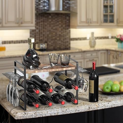 Miniatura 6 de Vohunt Estantes de vino para encimera con soporte para vidrio, estante de vino de 2 niveles y organizador de vidrio con encimera, capacidad para 8