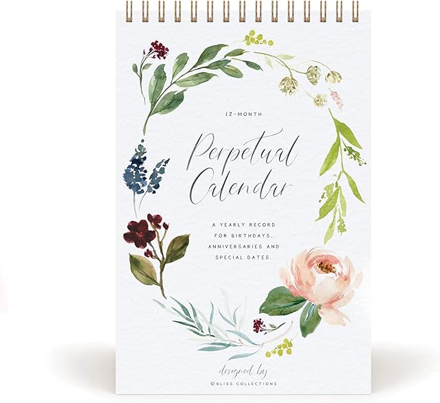 Bliss Collections Perpetual Calendar for Birthdays and Anniversaries, 12 Month Botanical Floral Dates to Remember Book, Journal for Important & Special Days, Wall Hanging Date Organiser, 176 x 250 mm