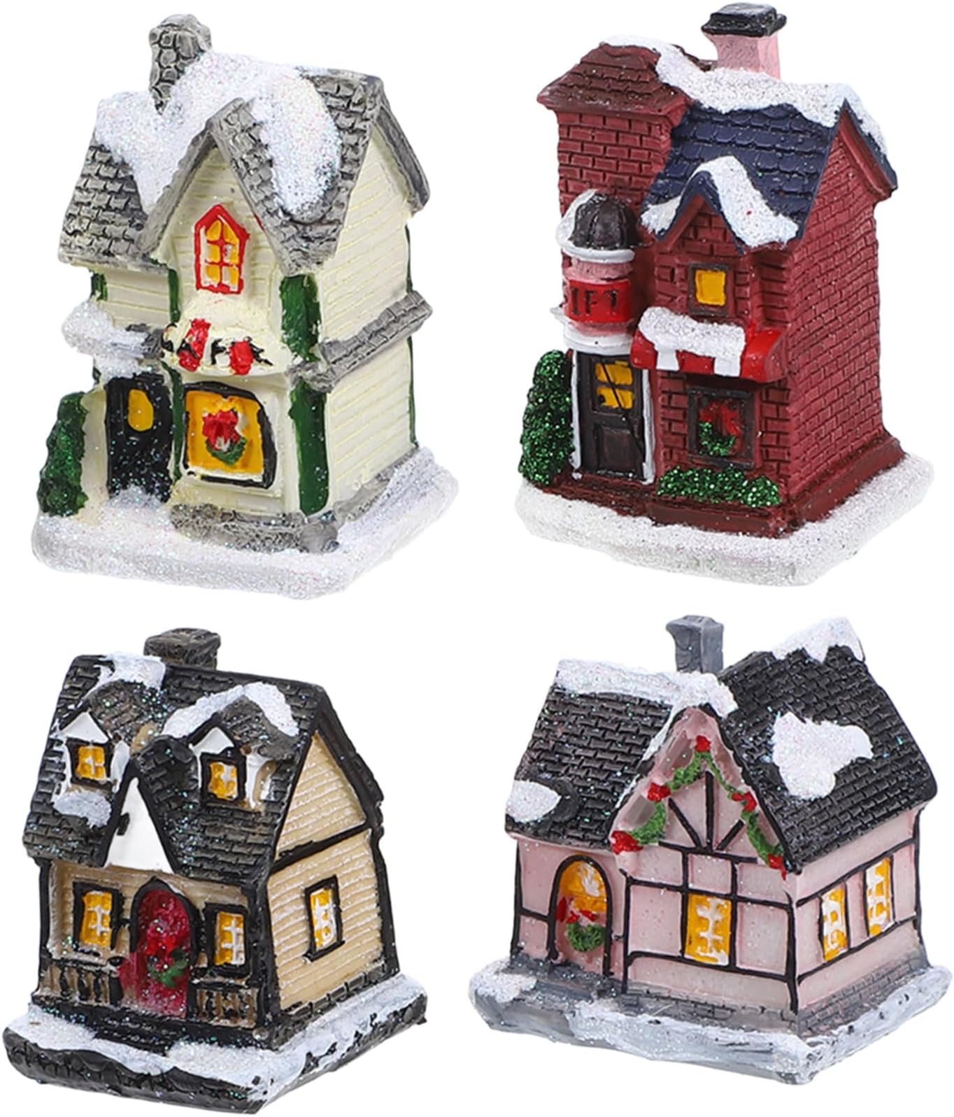 SMASOLO 4PCS Resin Christmas Village Houses Luminous Xmas Tabletop Decorations Creative Holiday Micro Landscape Ornaments for Home Festive Desktop Display