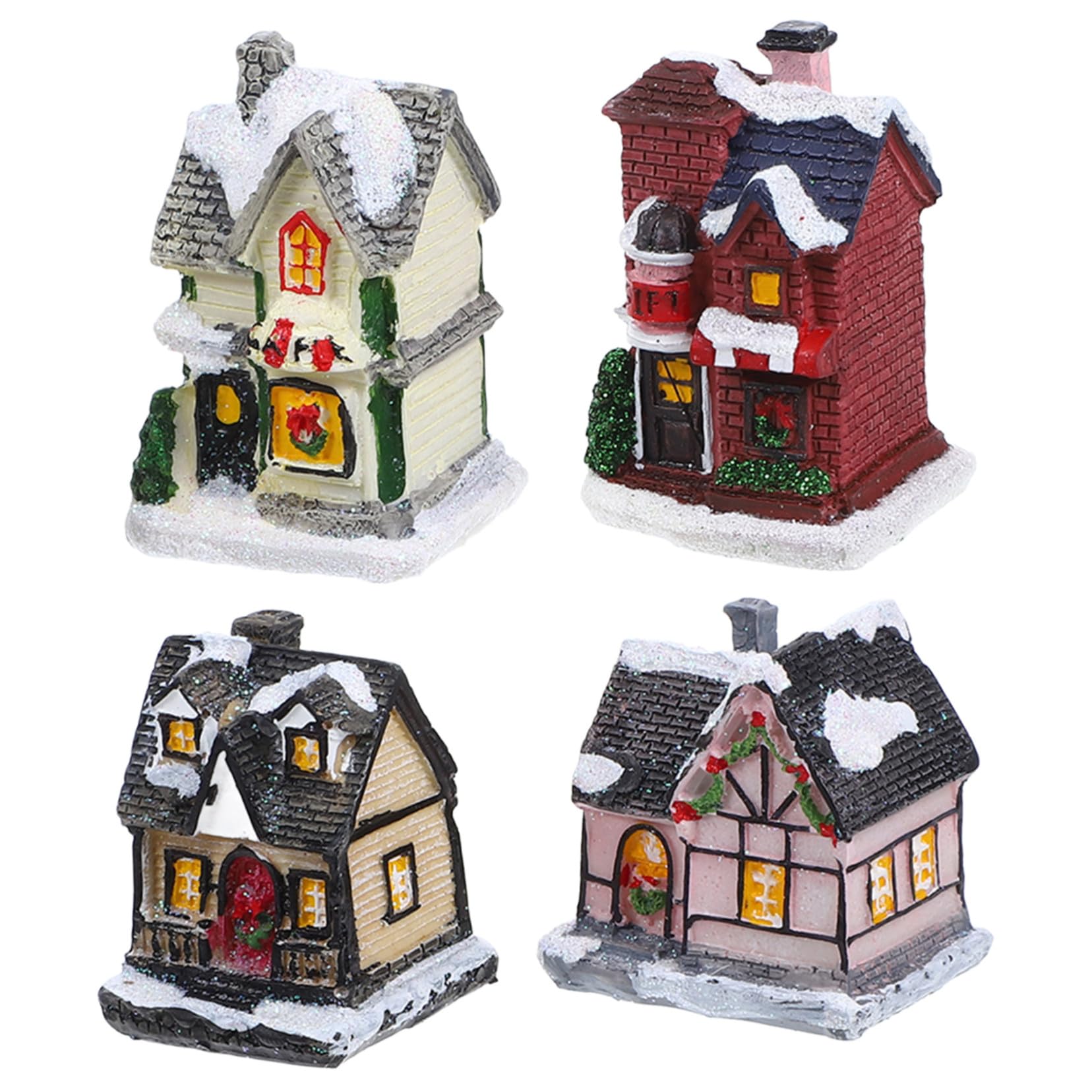 SMASOLO 4PCS Resin Christmas Village Houses Luminous Xmas Tabletop Decorations Creative Holiday Micro Landscape Ornaments for Home Festive Desktop Display