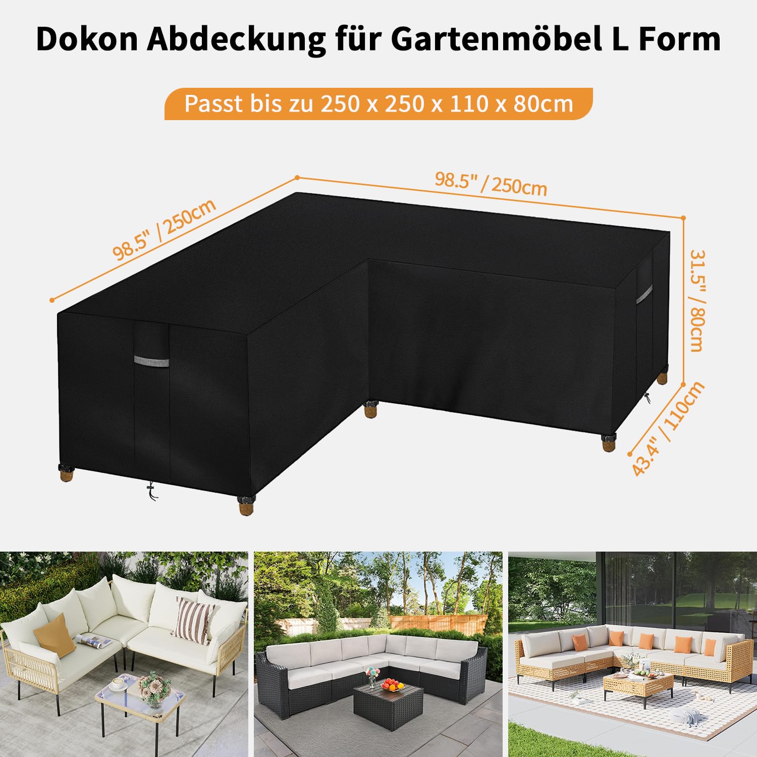 Dokon L-Form Gartenmöbel Abdeckung Wasserdicht Winddicht UV Beständiges Ecksofa Abdeckplane mit Belüftungsöffnungen, Robustes Oxford-Gewebe Schutzhülle für Loungemöbel (250x250x110cm) - Schwarz