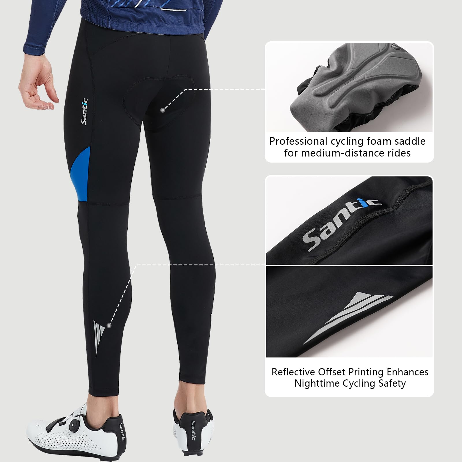 Santic Męskie spodnie kolarskie, wyściełane, długie, z wkładką do siedzenia, długie spodnie rowerowe z wyściółką