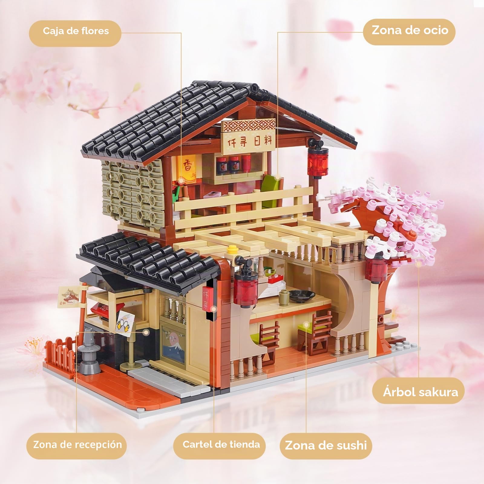 Bloque de construcción de Juguetes, Tienda de Sushi, Kit de construcción Compatible, casa de Estilo japonés, Regalo de cumpleaños para Adultos niños a Partir de 8 años, 763 Piezas