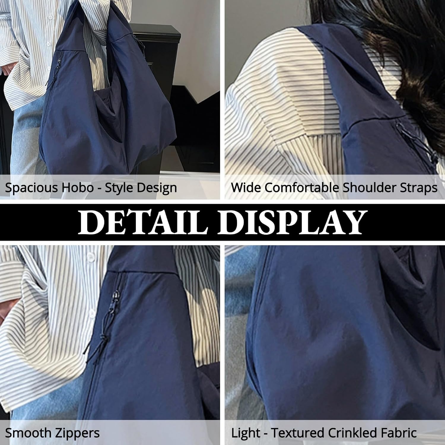 Slouchy Tote Bag for Women Large Nylon Shoulder Bag with Multiple Pockets Crescent Bag Underarm Hobo Bag for Travel Gym - Image 4