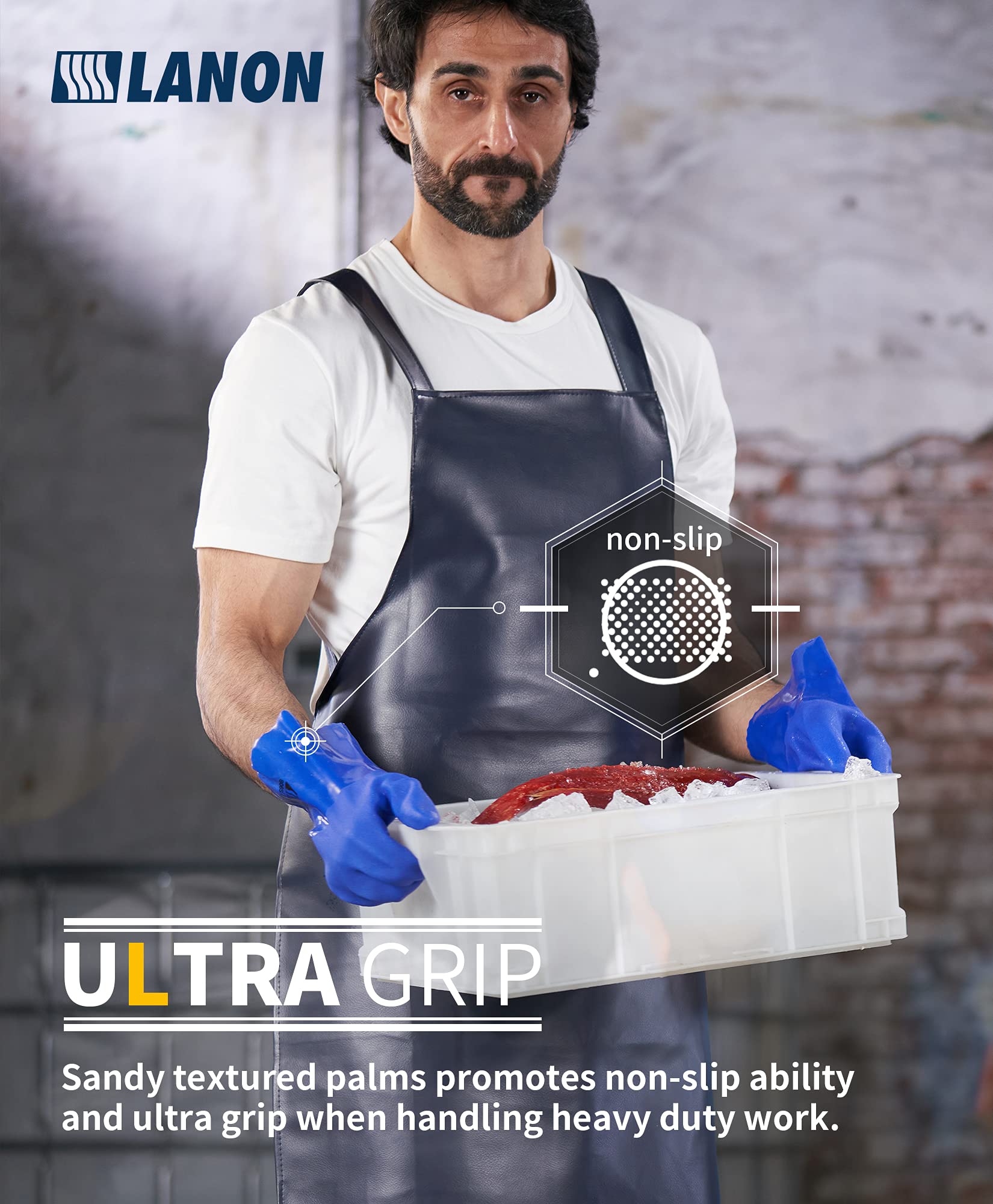 LANON 6 Paia Guanti PVC Resistenti Chimici, Cotone Floccato, Blu, L | Per Lavori Gravosi, Protezione Chimica e Meccanica, Antiscivolo, Confortevoli, Resistenti, Traspiranti, Senza Lattice