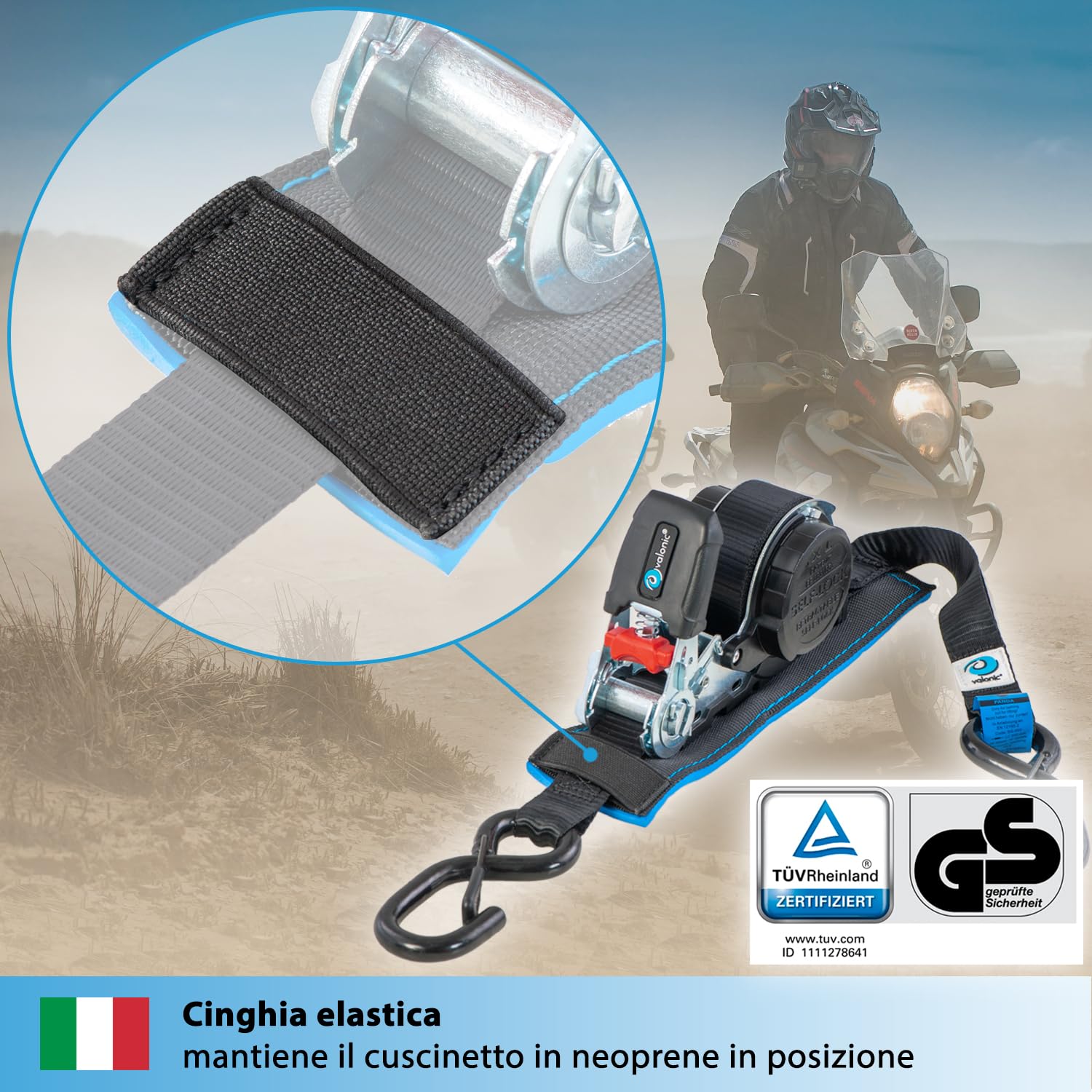 valonic PANDA - 2x 5m Cinghie di fissaggio automatiche con gancio a moschettone, 25mm, 300/600 Kg, imbottite, certificate TÜV Rheinl. e GS, EN 12195-2 - con cricchetto, nero