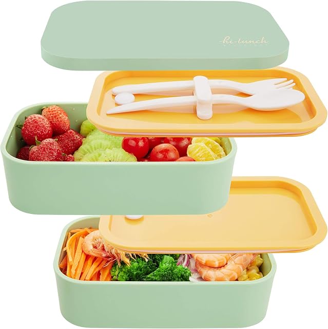 Thousanday Lunch Box for Adults & Kids - 1.6 L Leakproof Bento Box with Cutlery Set for Work or School Snack Packing - BPA-Free, Microwave & Dishwasher Safe (Green)