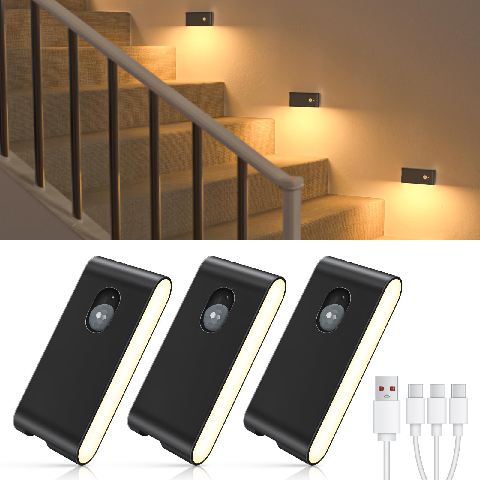 WILLED Nachtlicht Mit Bewegungsmelder, 3 Stück LED treppenbeleuchtung mit Bewegungsmelder, Treppen Mit Nachtlicht Aufladba（ohne Stecker）, Schlafzimmer, Wohnzimmer, Flur, Küche,Badezimmer, Schwarz