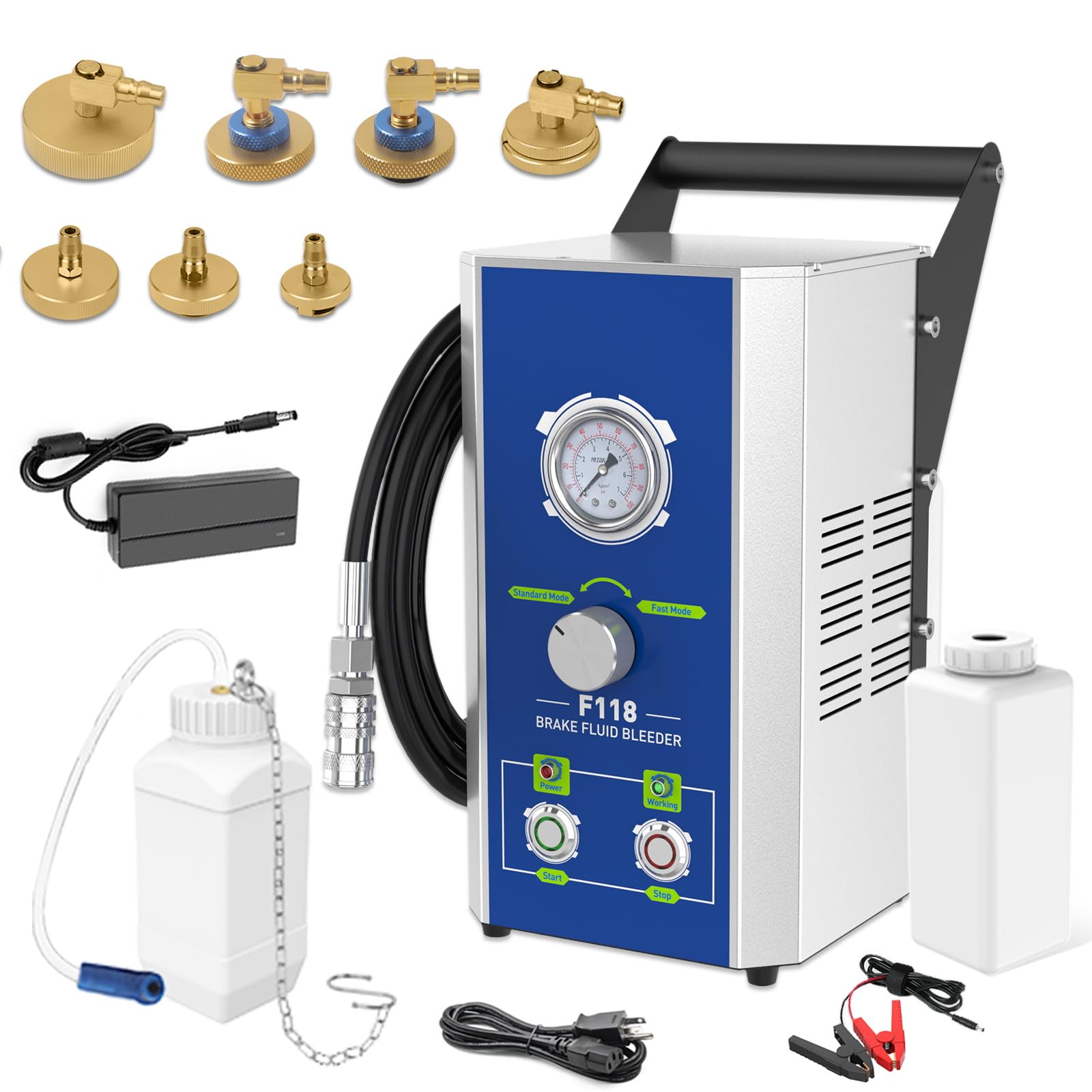 PLAYOCCAR Automatic Electric Brake Bleeder Kit with 7 Adapters,110VBrake Fluid Bleeder and Pressure Gauge Monitor, 2 Modes Compatible with Benz/BMW/Audi etc, Electric Brake Fluid Changer 0~3 bar